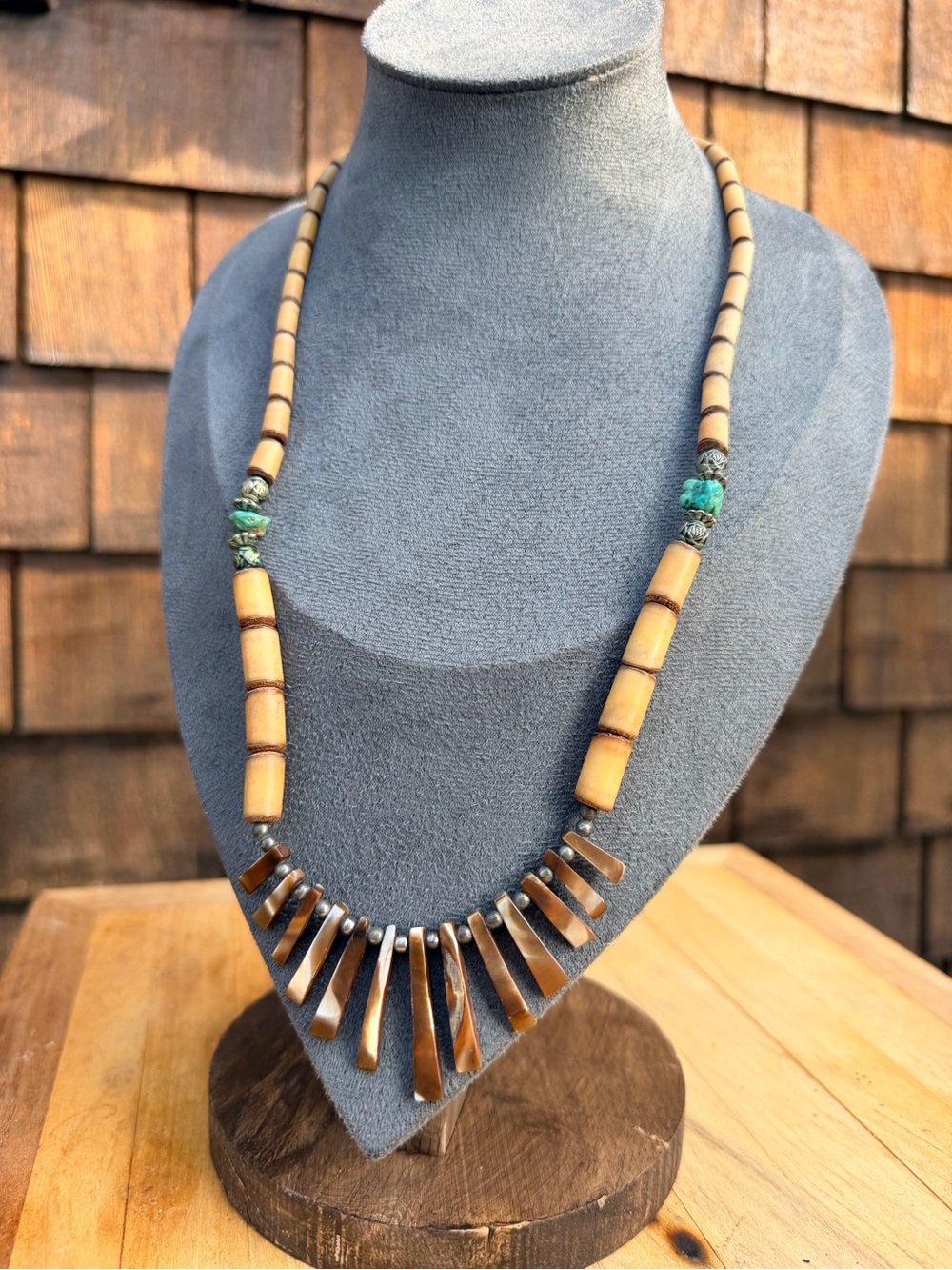 Vtg Bohemian Spiked Tiger shell & bamboo stick necklace with turquoise